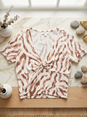 Others Follow Cream and Brown Tie-Front Zebra Crop Top